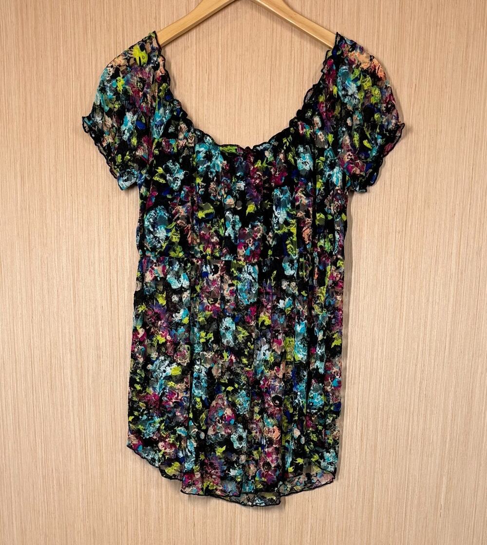 No Boundaries Dark Floral Mesh Babydoll Top Womens Size Large Black Fairy Grunge